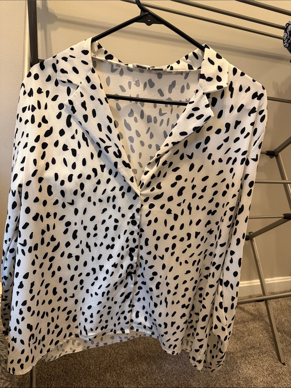 Women's White Black Spot Button-Front Blouse